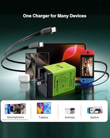 W&O 2-in-1 gan Compatible with Fast Charger,GaN Charger Fast Charging,45W Retractable Phone Charger Wall Plug with Lightening and Type-C Cables,for iPhone16/15 Series, Galaxy S25/24,Android and More - Image 7