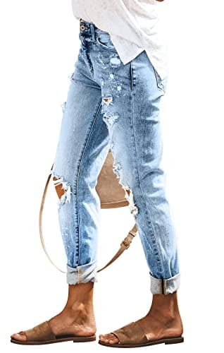 KUNMI Women's Ripped Mid Waisted Boyfriend Jeans Loose Fit Distressed Stretchy Denim Pants - Image 5