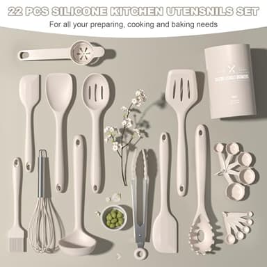 Silicone Kitchen Cooking Utensils Set, Umite Chef 22Pcs Heat Resistant Kitchen Utensils, Spatula, Spoon, Whisk, Dishwasher Safe Kitchen Utensil Gadgets Tools Set for Nonstick Cookware(Khaki) - Image 5