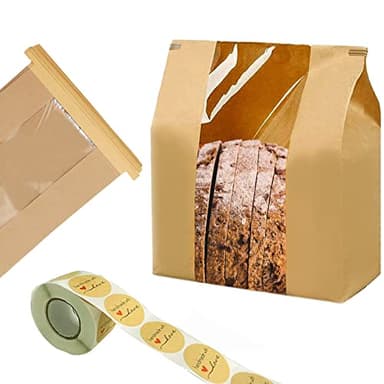 NOONEAST 100 Pack Large Paper Bread Bags for Homemade Bread Sourdough Bags 14" x 8.3" x 3.5" with Tin Tie Tab Lock Clear Front Window Bakery Bag Packaging Cookie Bag with Label Seal Stickers - Image 1