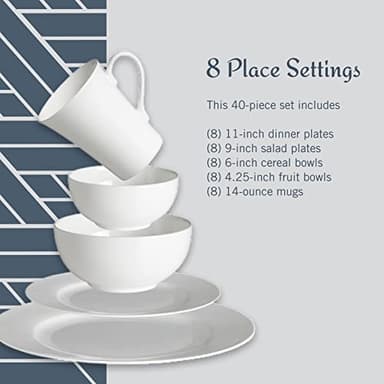 Mikasa Delray 40-Piece White Dinnerware Set, Service for 8, Durable Porcelain Plates, Bowls, and Mugs, Dishwasher and Microwave Safe - Image 4