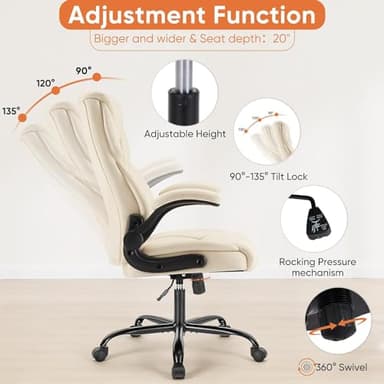 Sweetcrispy Ergonomic Office Chair Heavy Duty Task Desk Chair with Flip-up Arms, PU Leather, Adjustable Swivel Rolling Chair with Wheels, Beige - Image 4