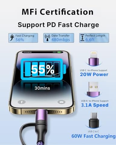 4 in 1 Fast Charging Cable 60W 6FT Apple MFi Certified USB C to Lightning Cable Nylon Braided USB A/C to C/Lightning Multi iPhone Charger Cord for iPhone 16 15 14 13 Pro/iPad/Samsung/MacBook - Image 3