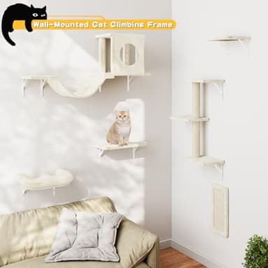 NUNU LAB Wall Mounted Cat Furniture Set - 6 Pcs Climber Set with House, Bridge, Steps, Scratcher Board - DIY Walls Playground, Indoor Cat Shelves - White - Image 2