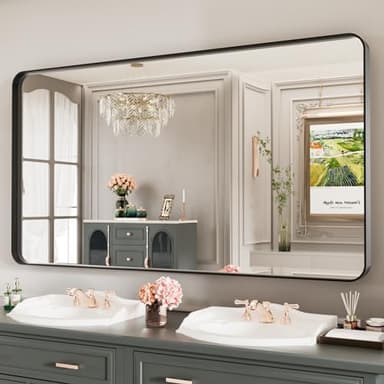 LOAAO Black Metal Framed Bathroom Mirror for Wall, Large 55X30 Inch Rounded Rectangle Mirror, Matte Black Bathroom Vanity Mirror Farmhouse, Anti-Rust, Tempered Glass, Hangs Horizontally or Vertically - Image 3