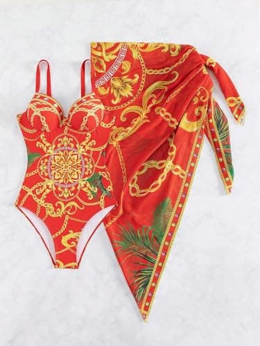 One Piece Women's Swimsuit with Beach Cover Up Wrap Skirt Set, Tummy Control, Sexy V Neck Reds - Image 3