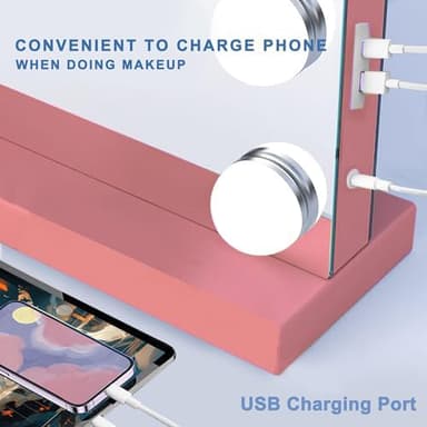 Ratsamee Pink Hollywood Vanity Mirror with Lights, 15 Dimmable Bulbs, 3 Color Lights,Make Up Lighted Mirror, Aluminum Metal Frame, USB Charging Port（23" x 18"） - Image 4