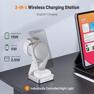【2025 Upgraded】Wireless Charger 3 in 1, Foldable Wireless Charging Station with Light for Apple MagSafe Charger, Travel Magnetic Charger for iPhone 17/16/15/14/13/12 Apple Watch AirPods (20W Adapter) - Image 3