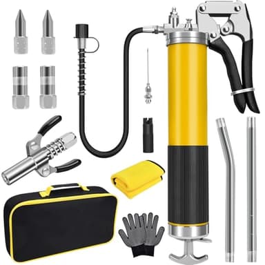 Grease Gun Kit, 7000 PSI Heavy Duty Pistol Grip Grease Gun with 14 oz Capacity, Includes 18 Inch Resin Flex Hose, Double Handle Grease Coupler and Other Accessories, Grease Gun for Automotive, Marine - Image 1