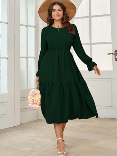 SHESTARR Women's Plus Size Dress Long Sleeve Crewneck Smocked Tiered Flowy Boho Wedding Party Maxi Dresses Emerald Green - Image 6