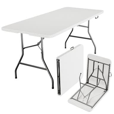 MAKE CHANGES Folding Table 6ft - Heavy Duty Plastic Table with Handle, Foldable & Portable, Fold-in-Half Utility Tables for Outdoor, Dining, Wedding, Events, Indoor, Picnic, Camping, Party (White) - Image 1