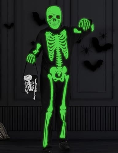 qqpouc Halloween skeleton costume kids,glow in the dark skeleton costume on both sides skuller candy bag for boys and grils - Image 5