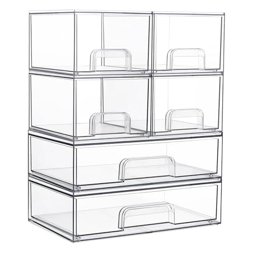 Vtopmart Stackable Storage Drawers Set of 6, Clear Plastic Organizer Bins for Bathroom Supplies,Ideal for Cabinet,Pantry,Laundry Room Organization - Image 1
