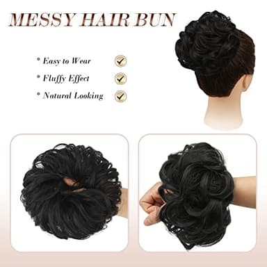 FESHFEN Messy Bun Hair Pieces - Large Wavy Curly Elastic Hair Bun Scrunchies Ponytail Extensions Synthetic Chignon Hairpieces for Women, Natural Black 1.94oz - Image 3