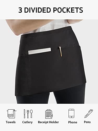 Syntus 2 Pack Server Apron with 3 Pockets, Waterdrop Resistant Waitress Waiter Waist Apron, 11.5-inch Black - Image 4