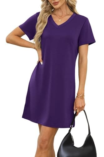 RUMIA Summer Casual Dresses for Women 2025 Vacation Dress V-Neck Short Sleeve Split Hem Beach Sundress Purple L - Image 3
