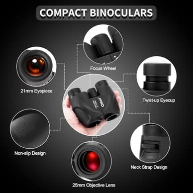 8x25 Compact Binoculars, 8X Small Mini Pocket Portable Size 8.2° Wide Angle View Lightweight 21mm Large Eyepiece ED Lens for Adults Youth Travel Hiking Cruise Safari Birding Sports Wildlife Viewing - Image 2