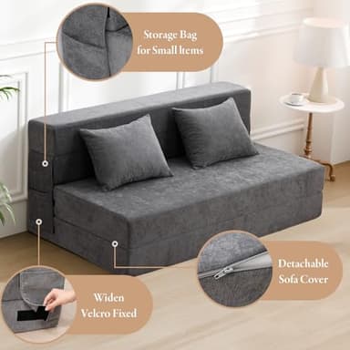 HOMFINE Folding Sofa Bed - Convertible Sleeper Chair with Pillow, Fold Out Couch, Memory Foam Floor Mattress, Futon Couch, Lazy Sofa for Living Room/Dorm/Guest Room/Home Office, Queen, Grey - Image 5