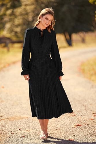 PRETTYGARDEN Women's 2025 Spring Fall Midi Dress Casual Long Sleeve V Neck Swiss Dot Pleated A Line Flowy Dresses (Black,Medium) - Image 4