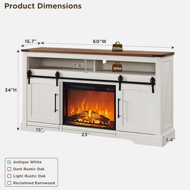 OKD Farmhouse Fireplace TV Stand for 70 Inch TV, 33" Tall Highboy Entertainment Center w/Electric Fireplace, Rustic Media Console w/Sliding Arched Door for Living Room,Antique White - Image 2
