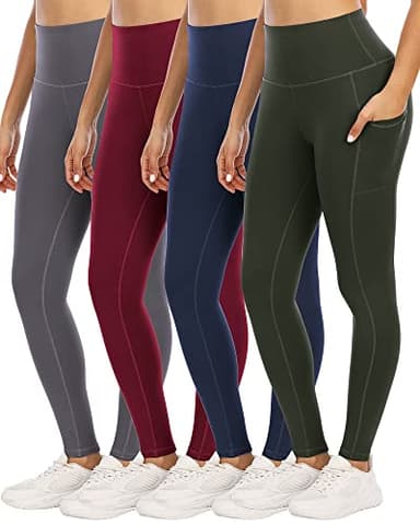 YOUNGCHARM 4 Pack Leggings with Pockets for Women,High Waist Tummy Control Workout Yoga Pants ArmyGreenDGrayNavyBurgundy-S - Image 1
