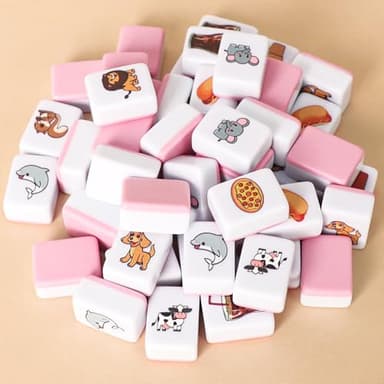 GRACIAS 2 Players Mahjong Block Set, Mahjong Tile Game with 50 Premium Pink Tiles(30mm) Animal and Food Pattern, Portable Mahjongg Set with A Carry Bag - Image 7