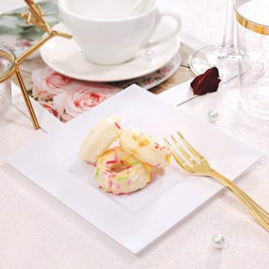 bUCLA 100PCS White Square Plastic Plates-6inch Disposable Cake Plates- Premium Hard Square Small Appetizer Plates for Wedding/Party - Image 4