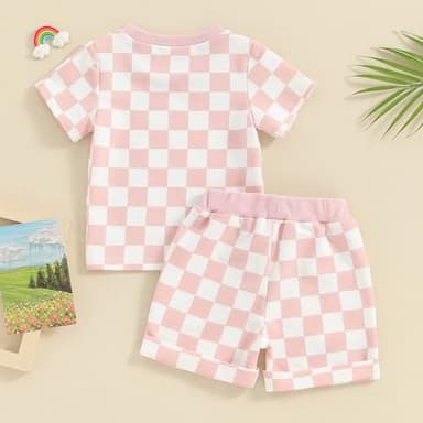 FOCUSNORM Toddler Baby Girl Outfit Newborn Girl Summer Clothes Short Sleeve T Shirt Checkerboard Top Set Elastic Waist Shorts (Checkerboard Pink, 18-24 Months) - Image 6