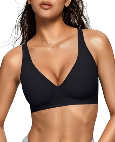 OEAK Womens Deep V Bras Wireless Comfortable Bra Supportive No Underwire Bras Tshirt Push Up Bralettes Plunge Seamless Bra Black M - Image 1
