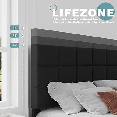 Lifezone Queen Bed Frame with Headboard Linen Upholstered Bed Frame with Wood Slats Support,No Boxing Needed,Heavy Duty Feet,Button Tufted Design,Easy Assembly,Dark Grey - Image 4