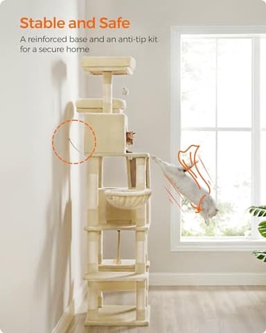 Feandrea Cat Tree, 81.1-Inch Large Cat Tower with 13 Scratching Posts, 2 Perches, 2 Caves, Basket, Hammock, Pompoms, Multi-Level Plush Cat Condo for Indoor Cats, Beige UPCT190M01 - Image 7