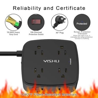 6 Ft Surge Protector Power Strip - 8 Widely Outlets with 4 USB Ports, 3 Side Outlet Extender with 6 Feet Extension Cord, Flat Plug, Wall Mount, Desk USB Charging Station, ETL,Black - Image 6