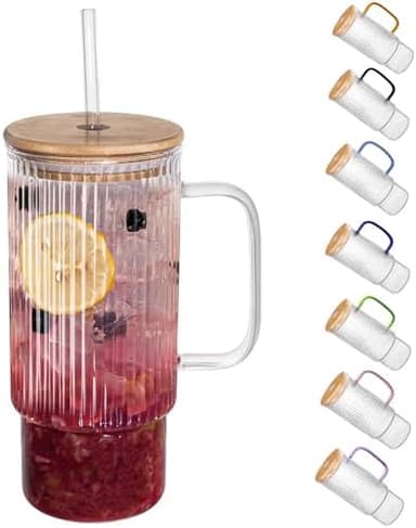 32oz Ribbed Glass Cup with Handle Bamboo Lid and Straw, Glass Tumbler, Iced Coffee Cups Hot/Cold Drinks - Image 3