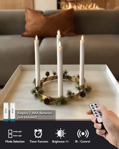 Homemory Real Waxy Flameless Taper Candles with Remote Timer, LED Candlesticks Flickering, Battery Operated Candles, 9.6 Inches for Home Christmas Wedding Celebration Decor, White, Pack of 6 - Image 3