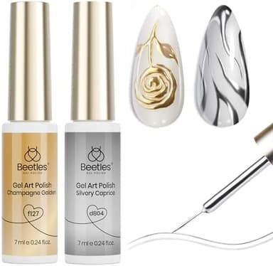 Beetles Metallic Gel Nail Polish Liner Set Silver Bronze Gold 2pcs Gel Liner Nail Art Chrome 3D High-Gloss Effect for Nail Paint Design with Thin Brush DIY French Manicure Curing Requires at Home - Image 3
