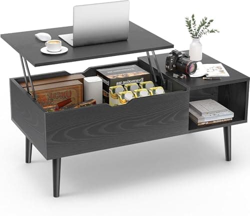Sweetcrispy Lift Top Coffee Tables for Living Room, Small Rising Wooden Dining Center Tables with Storage Shelf and Hidden Compartment, Classic Black - Image 1