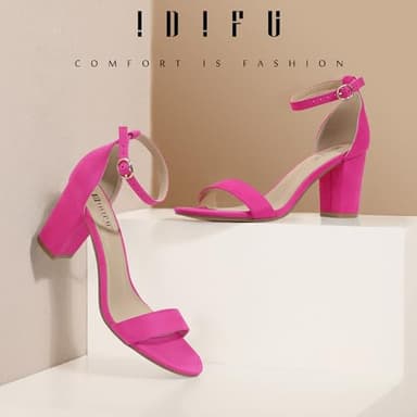 IDIFU Hot Pink Heels Chunky Block Low Heels Wedding Bridal Prom Dance Party Dress Shoes Open Toe Ankle Strap Heeled Sandals Dressy Comfortable Trendy Short Thick Summer Cute Heels(Hot Pink Suede, 7) - Image 2