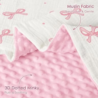 Bow Baby Blankets for Girls, Soft Nursery Minky Blankets with Muslin and Dotted Fleece Back 30x40 inches, Receiving Bed Quilt for Newborn, Infants, Toddlers - Image 2