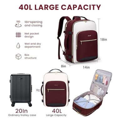 LOVEVOOK 40L Large Travel Backpack for Women Men, 17 Inch Carry on Backpack for Traveling on Airplane, Personal Item Travel Bag Airline Approved, Business Causal Weekender Backpacks - Image 2