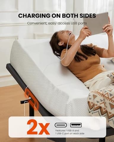Amada Queen Adjustable Bed Frame with Massage, Head & Foot Incline, Wireless Remote, 4 Built-in USB Ports, LED Night Light, 4 Height-Adjustable Legs, Electric Bed Base, 01B-Q1 - Image 4
