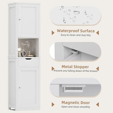 Shintenchi Tall Bathroom Storage Cabinet, Slim Corner Floor Cabinet with Doors and Drawer, Freestanding Narrow Bathroom Organizer with Adjustable Shelves for Small Space, White - Image 6