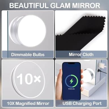 22.8 x 18.2 Vanity Makeup Mirror with Lights, 10X Magnification,Large Hollywood Lighted Vanity Mirror with 15 Dimmable LED Bulbs, USB Charger Port, Tabletop or Wall-Mounted White - Image 5