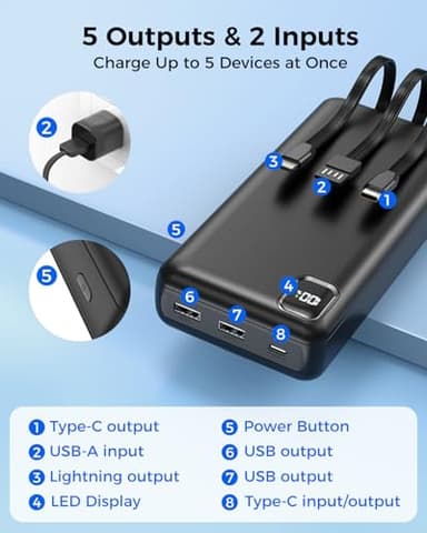 Nacete Portable Charger Power Bank 50000mAh Portable Phone Charger, PD 22.5W Fast Charging Powerbank Built in Cable, 5 Output 3 Input USB C LED Display for iPhone 16 15 14 13 Samsung Android iPad - Image 5