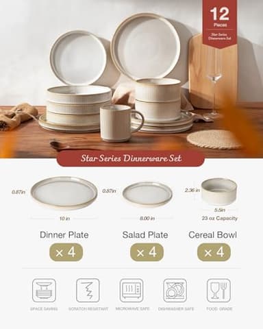 Famiware Star Dinnerware Sets, Plates and Bowls Set for 4, 12 Pieces Ribbed Dishes - Chip and Scratch Resistant, Microwave and Dishwasher Safe Tableware, Cappuccino White - Image 2
