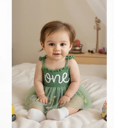 DLLYING 1st First Birthday Outfit Girl Baby Summer Sleeveless Smocked Fairy Berry Sweet 1 One Year Old Onesie Bodysuit Romper Tulle Dress + Headband Cake Smash Photo Shoot Clothes Green 1 Year - Image 5