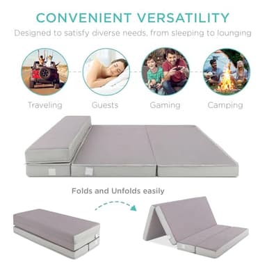 Best Choice Products 4in Portable Queen-Size Mattress, Tri-Fold Mattress for Camping, Guest, Toddler, Foam Plush w/Carry Case - Grey - Image 4