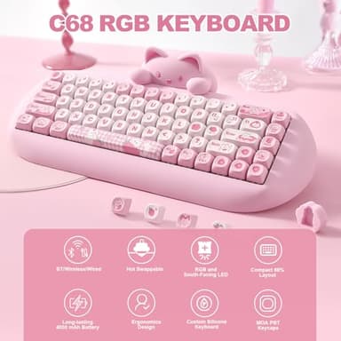 YUNZII C68 Wireless Mechanical Keyboard,65% Layout,Hot Swap,Triple Mode BT5.0/2.4G/Wired, RGB Backlit NKRO,Cute Cat Silicone Ergonomic Design for Win/Mac (Pink, Milk Switch) - Image 2