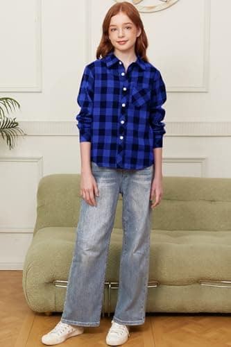 SANGTREE Girls Plaid Shirts Long Sleeve Button Down Flannel Shirts Buffalo Blue, 8-9 Years = Tag 150 - Image 3
