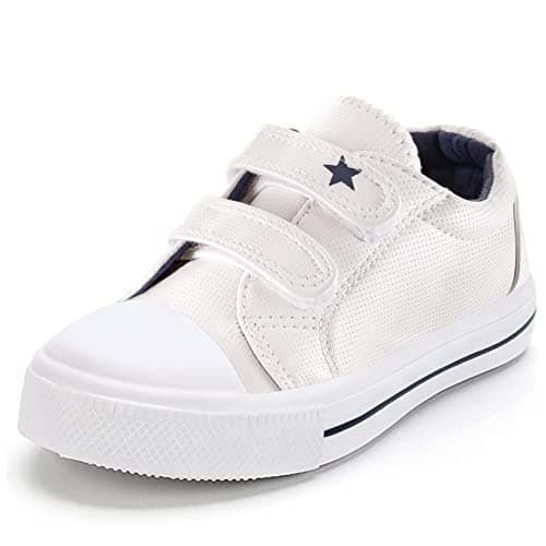 K KomForme Toddler Boys & Girls Shoes Kids Canvas Sneakers with Cartoon Dual Hook and Loops, Size 12 Little Kid, White - Image 1