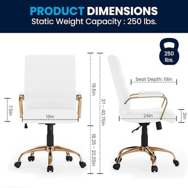 Flash Furniture Whitney Mid-Back Swivel LeatherSoft Desk Chair with Padded Seat and Armrests, Adjustable Height Padded Office Chair, White/Gold - Image 3